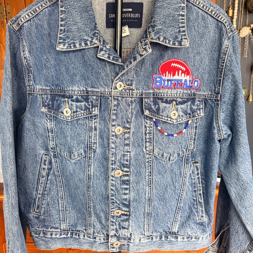 One of a kind upcycled Buffalo Bills Jean jacket.